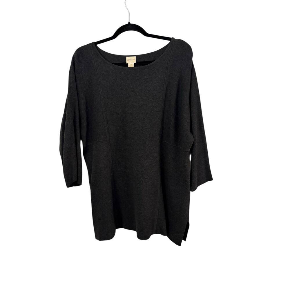 Chicos Dark Gray Sweater 3/4 Sleeve Long Line L/12 Contemporary Closet Staple